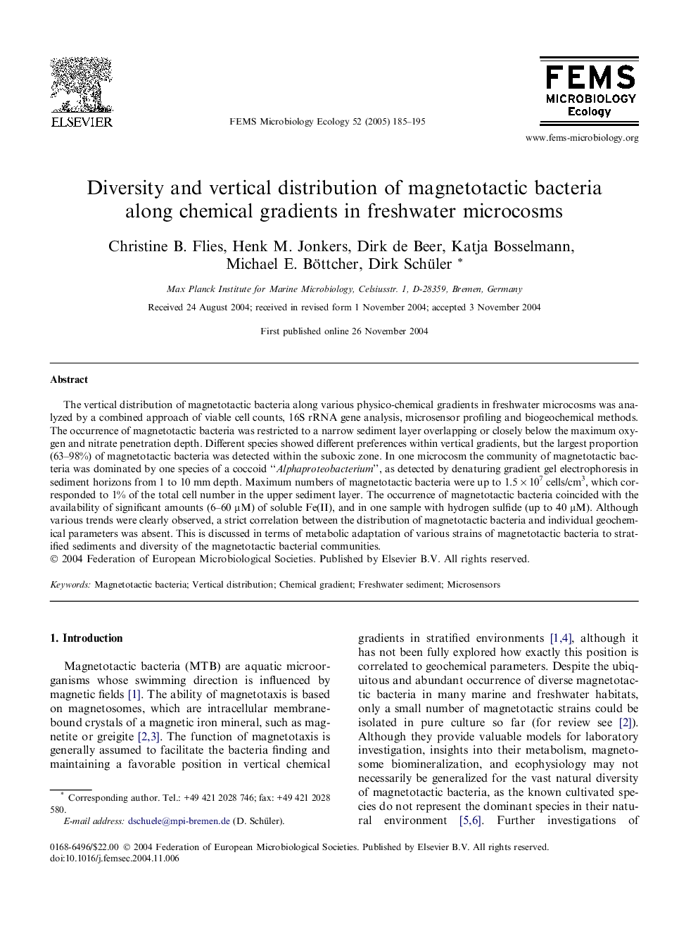 Diversity and vertical distribution of magnetotactic bacteria along chemical gradients in freshwater microcosms