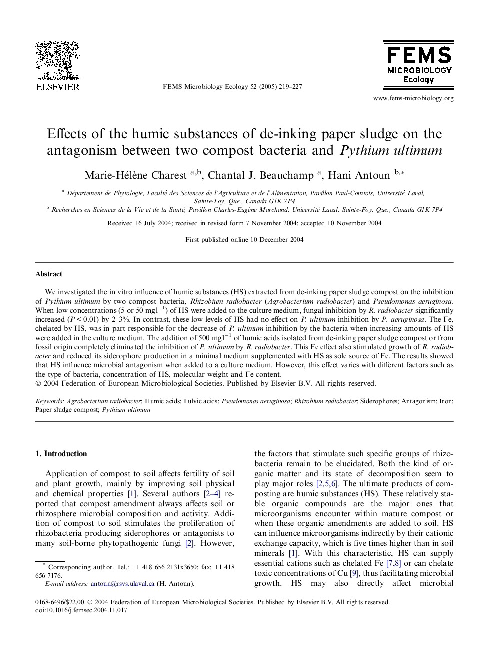 Effects of the humic substances of de-inking paper sludge on the antagonism between two compost bacteria and Pythium ultimum