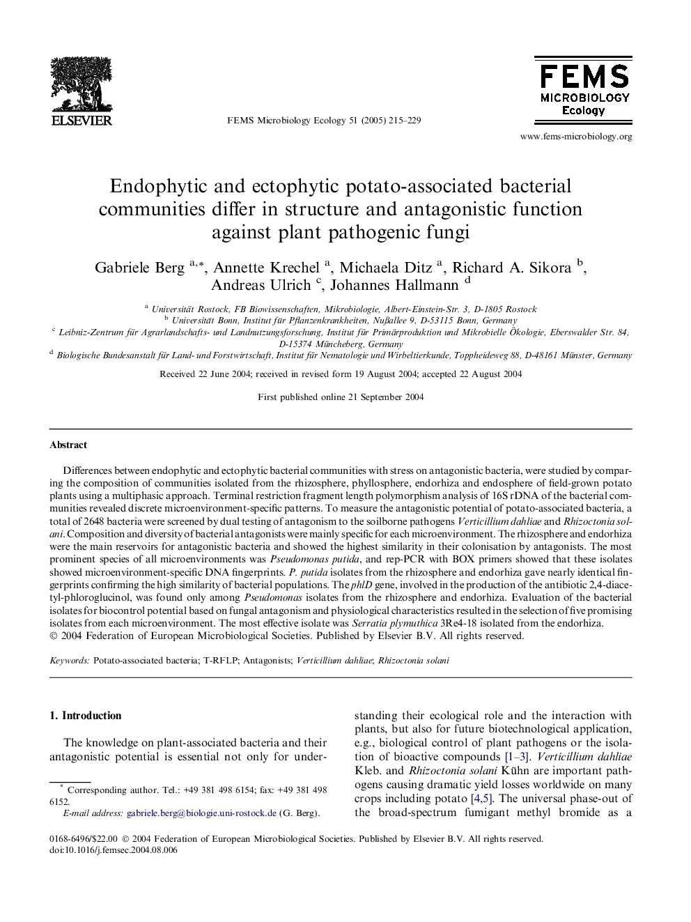 Endophytic and ectophytic potato-associated bacterial communities differ in structure and antagonistic function against plant pathogenic fungi