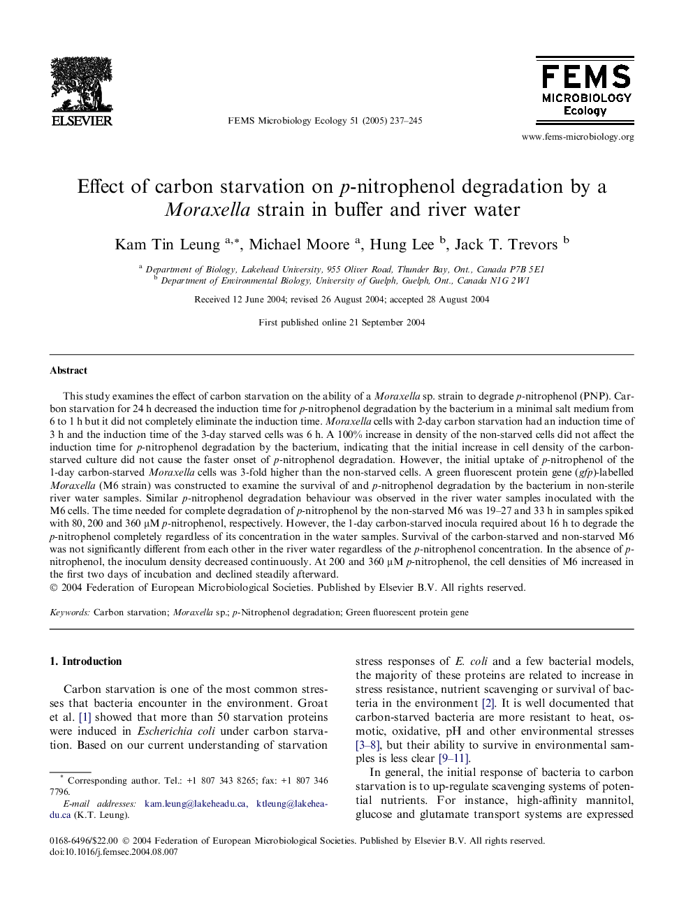 Effect of carbon starvation on p-nitrophenol degradation by a Moraxella strain in buffer and river water