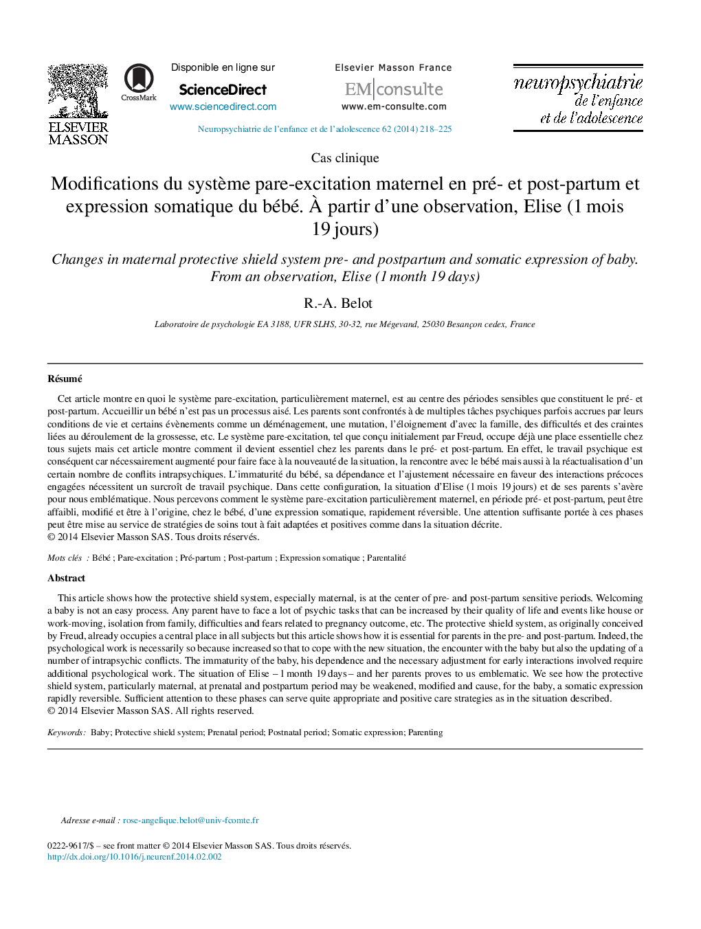 عکس صفحه اول مقاله: Modifications du système pare-excitation maternel en pré- et post-partum et expression somatique du bébé. À partir d’une observation, Elise (1 mois 19 jours) Modifications du système pare-excitation maternel en pré- et post-partum et expression somatique du bébé. À partir d’une observation, Elise (1 mois 19 jours)