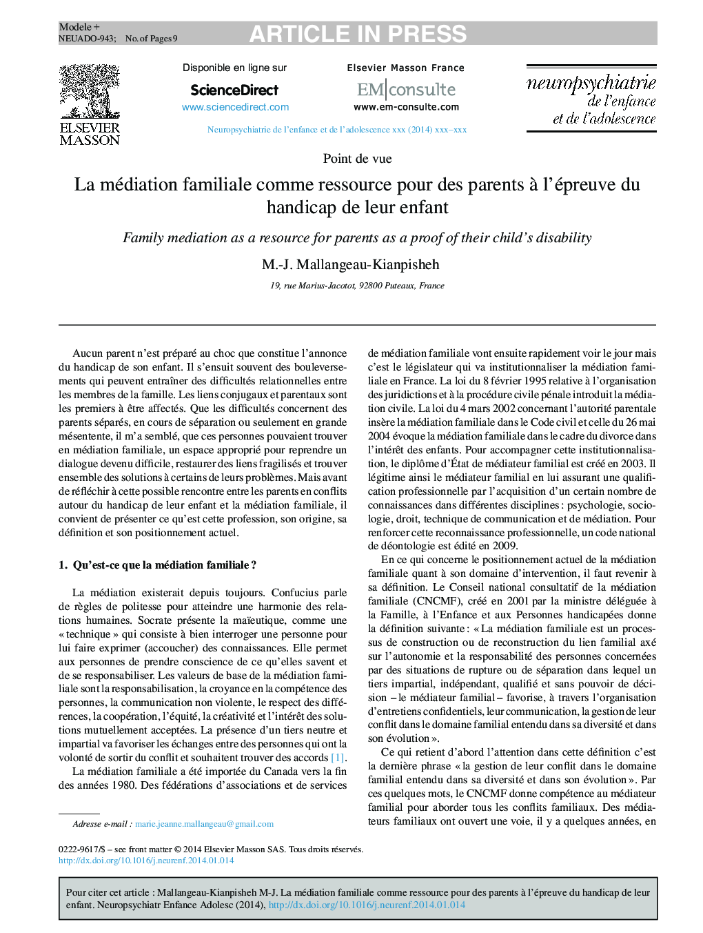 La médiation familiale comme ressource pour des parents Ã  l'épreuve du handicap de leur enfant