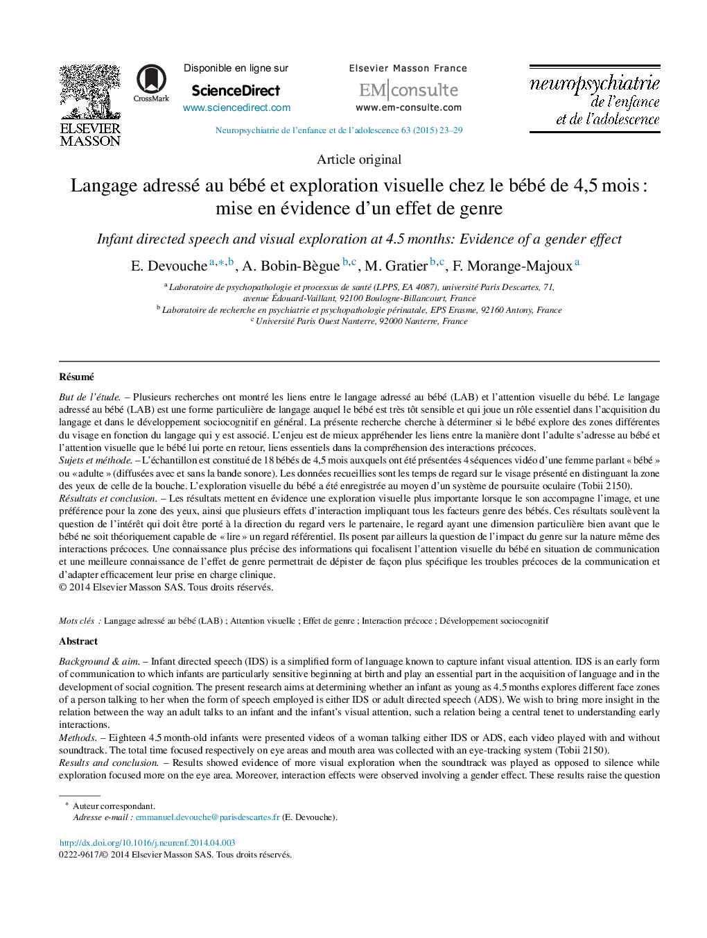 Langage adressé au bébé et exploration visuelle chez le bébé de 4,5 mois : mise en évidence d’un effet de genre