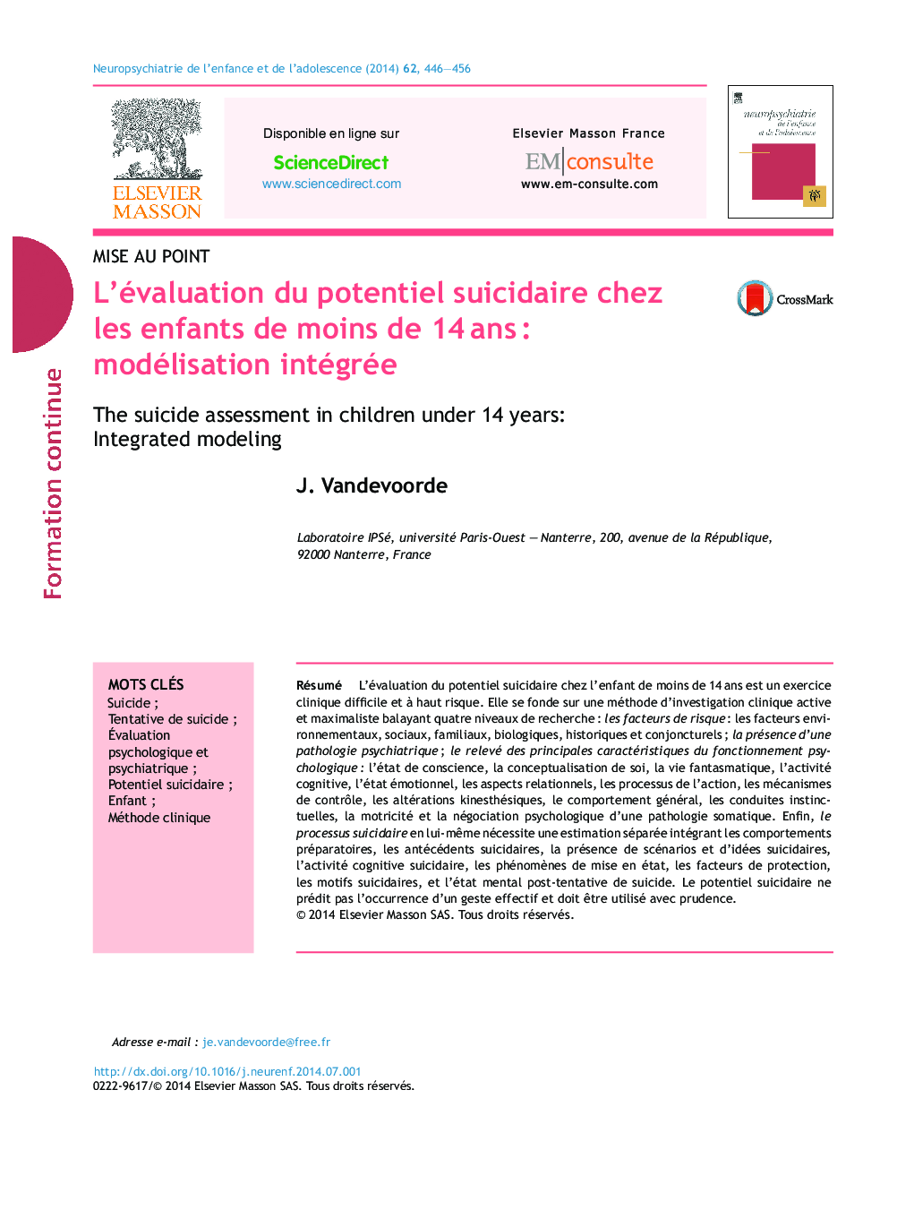 L’évaluation du potentiel suicidaire chez les enfants de moins de 14 ans : modélisation intégrée