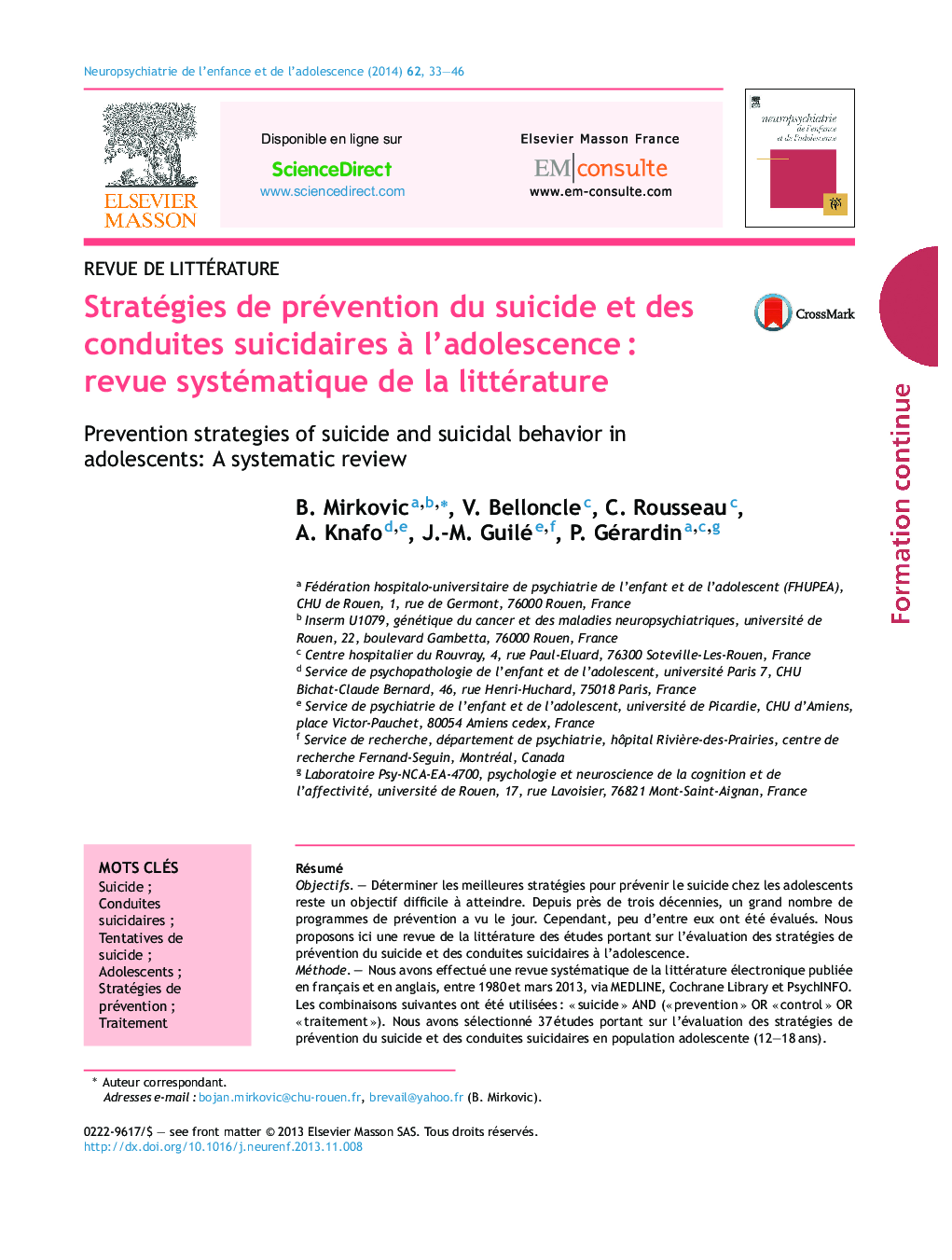 Stratégies de prévention du suicide et des conduites suicidaires à l’adolescence : revue systématique de la littérature