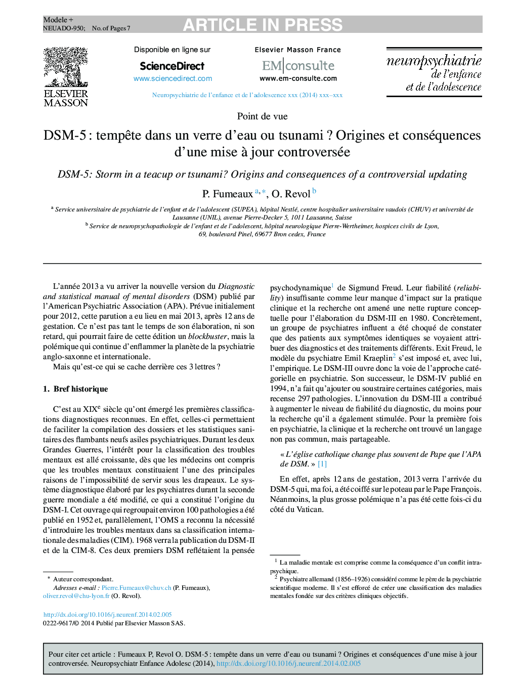 DSM-5Â : tempÃªte dans un verre d'eau ou tsunamiÂ ? Origines et conséquences d'une mise Ã  jour controversée