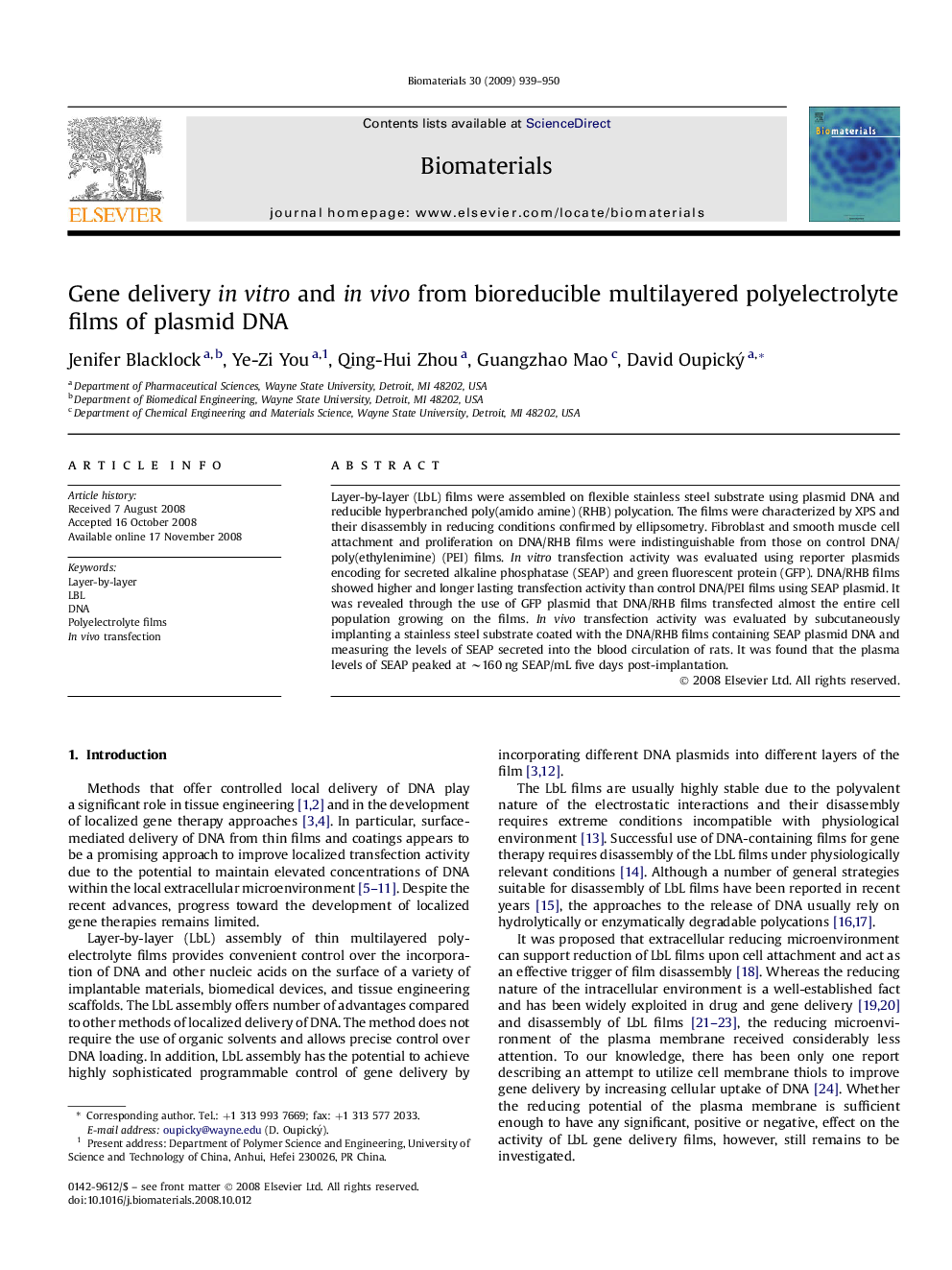 Gene delivery in vitro and in vivo from bioreducible multilayered polyelectrolyte films of plasmid DNA