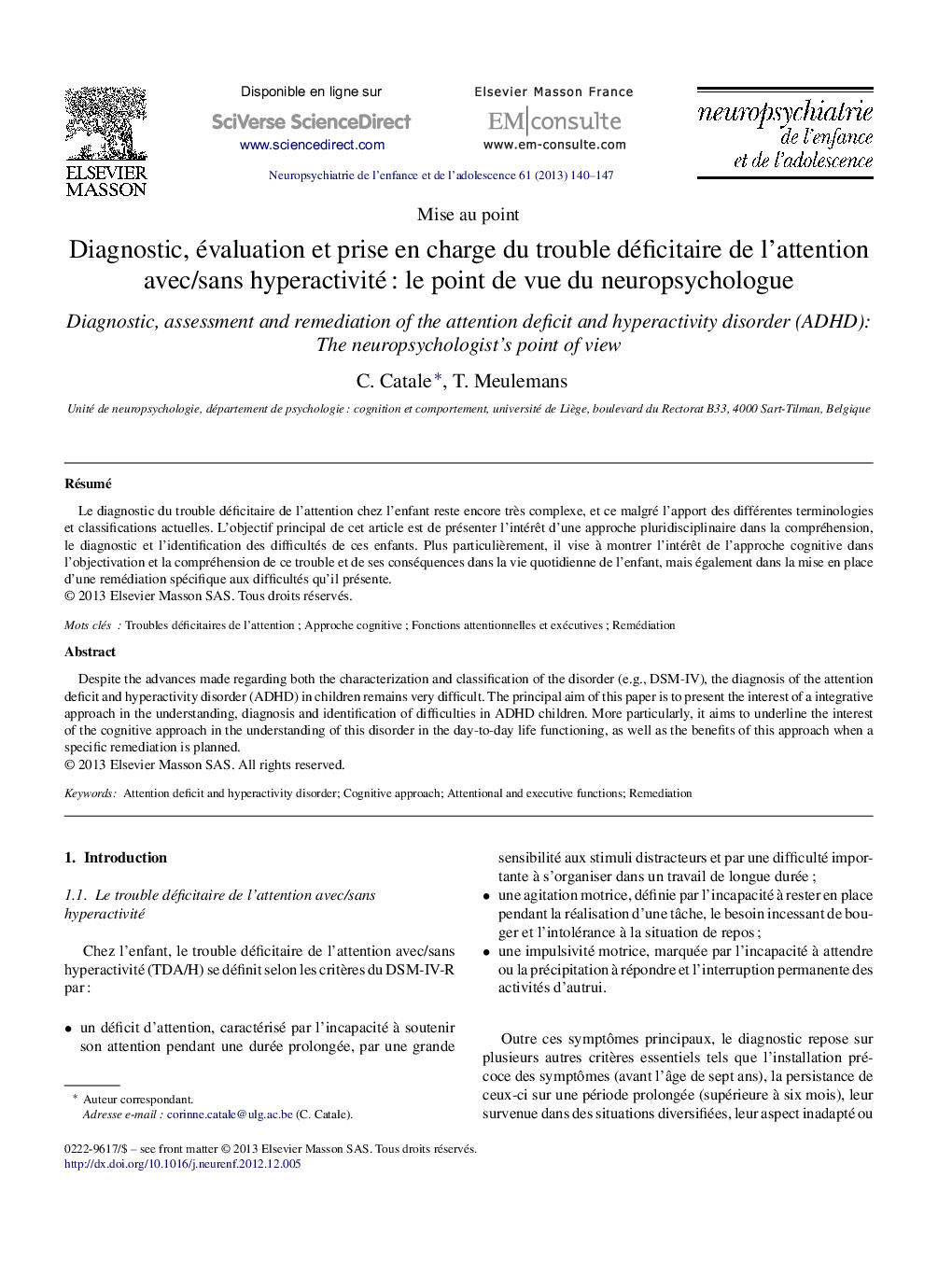 Diagnostic, évaluation et prise en charge du trouble déficitaire de l’attention avec/sans hyperactivité : le point de vue du neuropsychologue