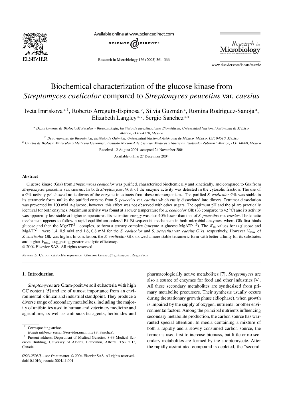 Biochemical characterization of the glucose kinase from Streptomyces coelicolor compared to Streptomyces peucetius var. caesius