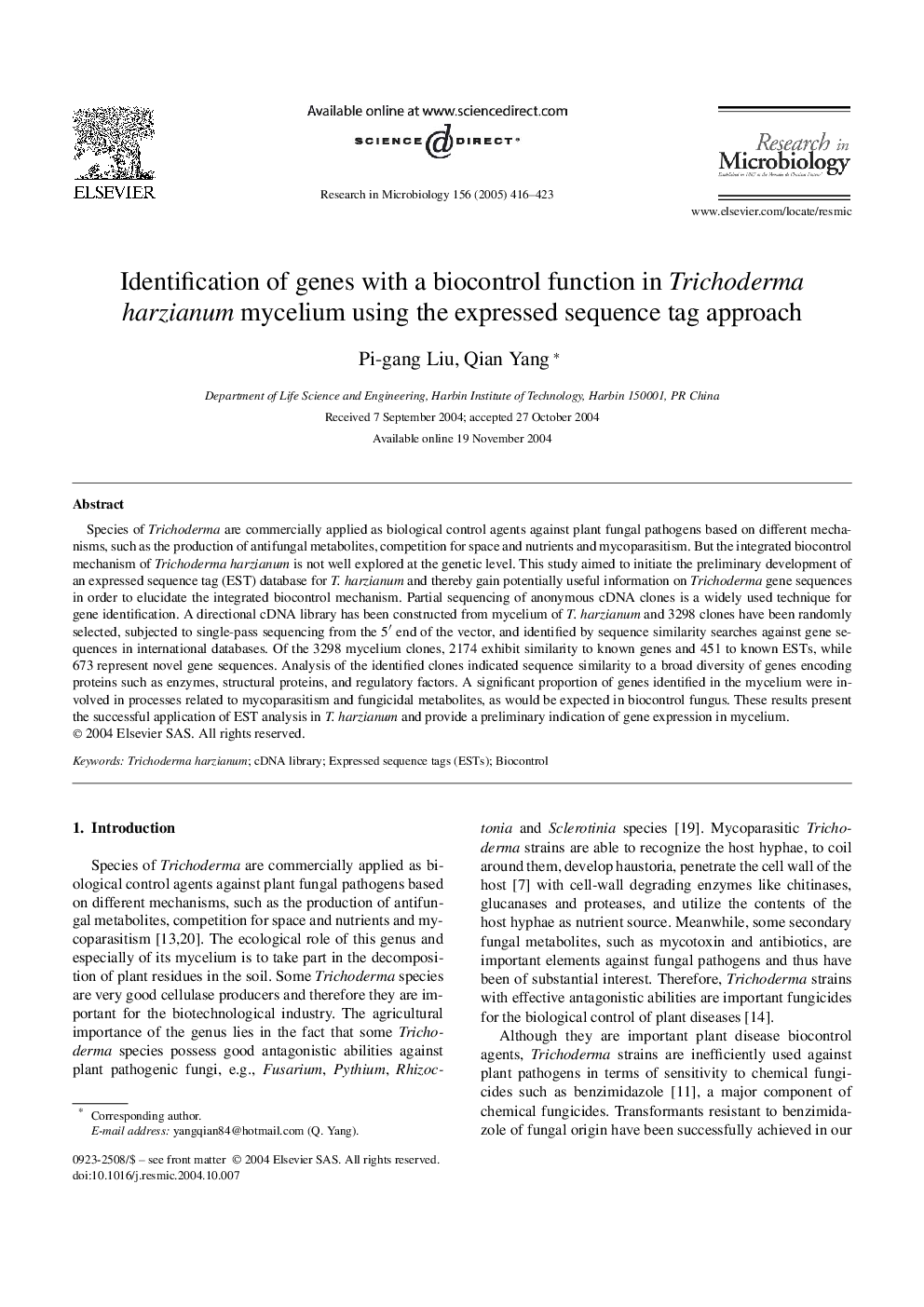 Identification of genes with a biocontrol function in Trichoderma harzianum mycelium using the expressed sequence tag approach