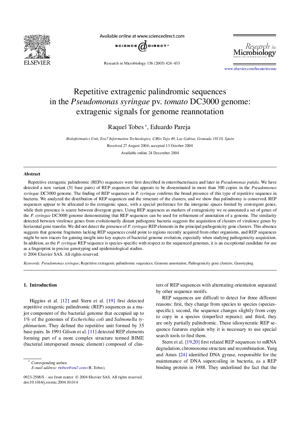 Repetitive extragenic palindromic sequences in the Pseudomonas syringae pv. tomato DC3000 genome: extragenic signals for genome reannotation