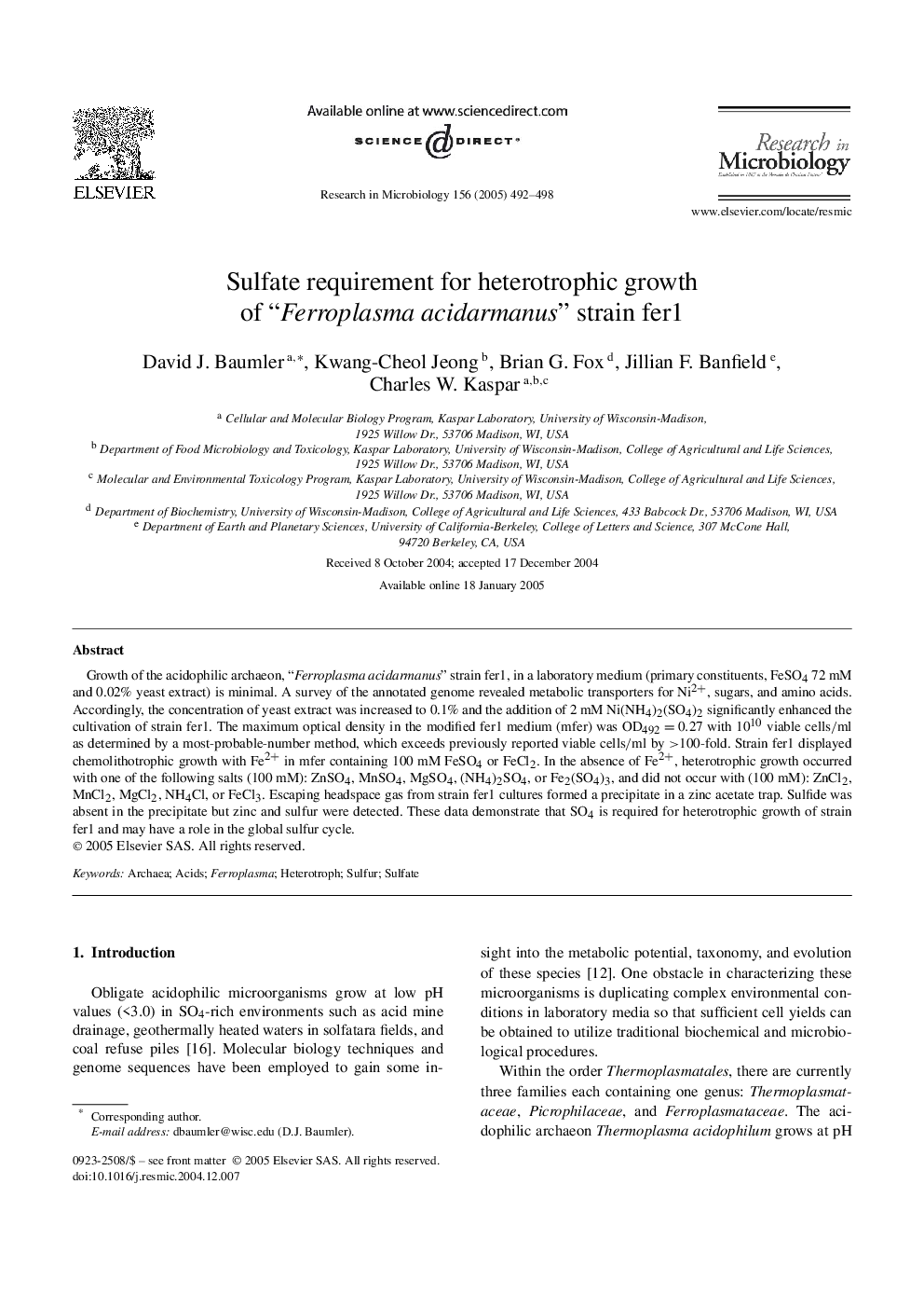 Sulfate requirement for heterotrophic growth of “Ferroplasma acidarmanus” strain fer1