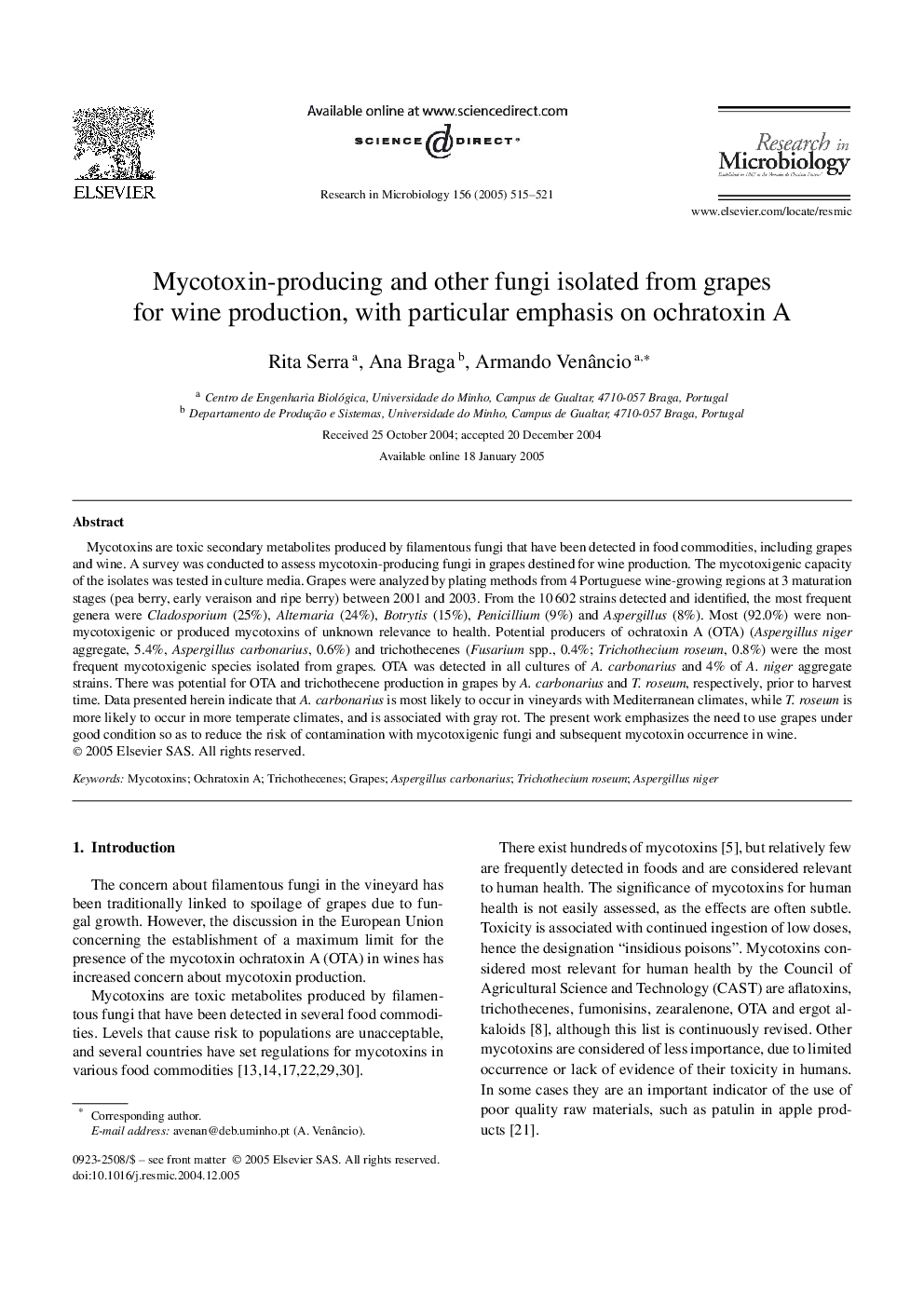 Mycotoxin-producing and other fungi isolated from grapes for wine production, with particular emphasis on ochratoxin A