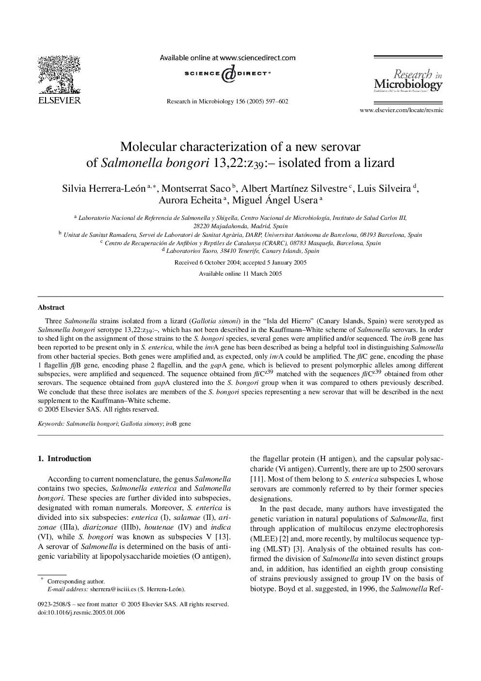 Molecular characterization of a new serovar of Salmonella bongori 13,22:z39:- isolated from a lizard