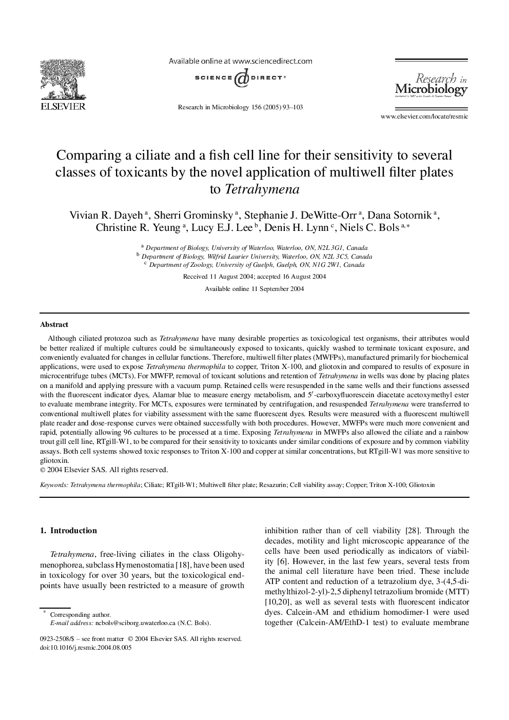 Comparing a ciliate and a fish cell line for their sensitivity to several classes of toxicants by the novel application of multiwell filter plates to Tetrahymena