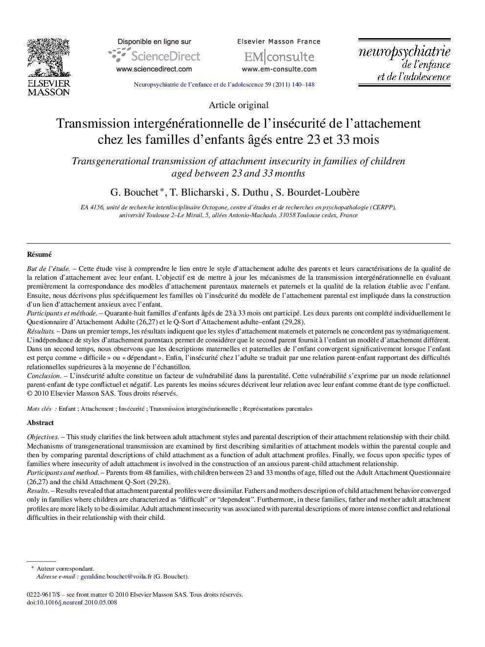 Transmission intergénérationnelle de l’insécurité de l’attachement chez les familles d’enfants âgés entre 23 et 33 mois