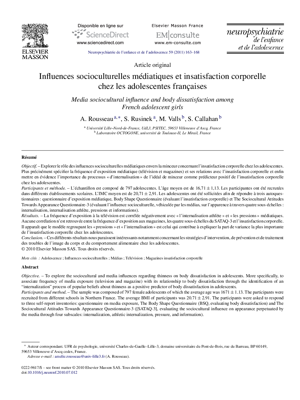 Influences socioculturelles médiatiques et insatisfaction corporelle chez les adolescentes françaises