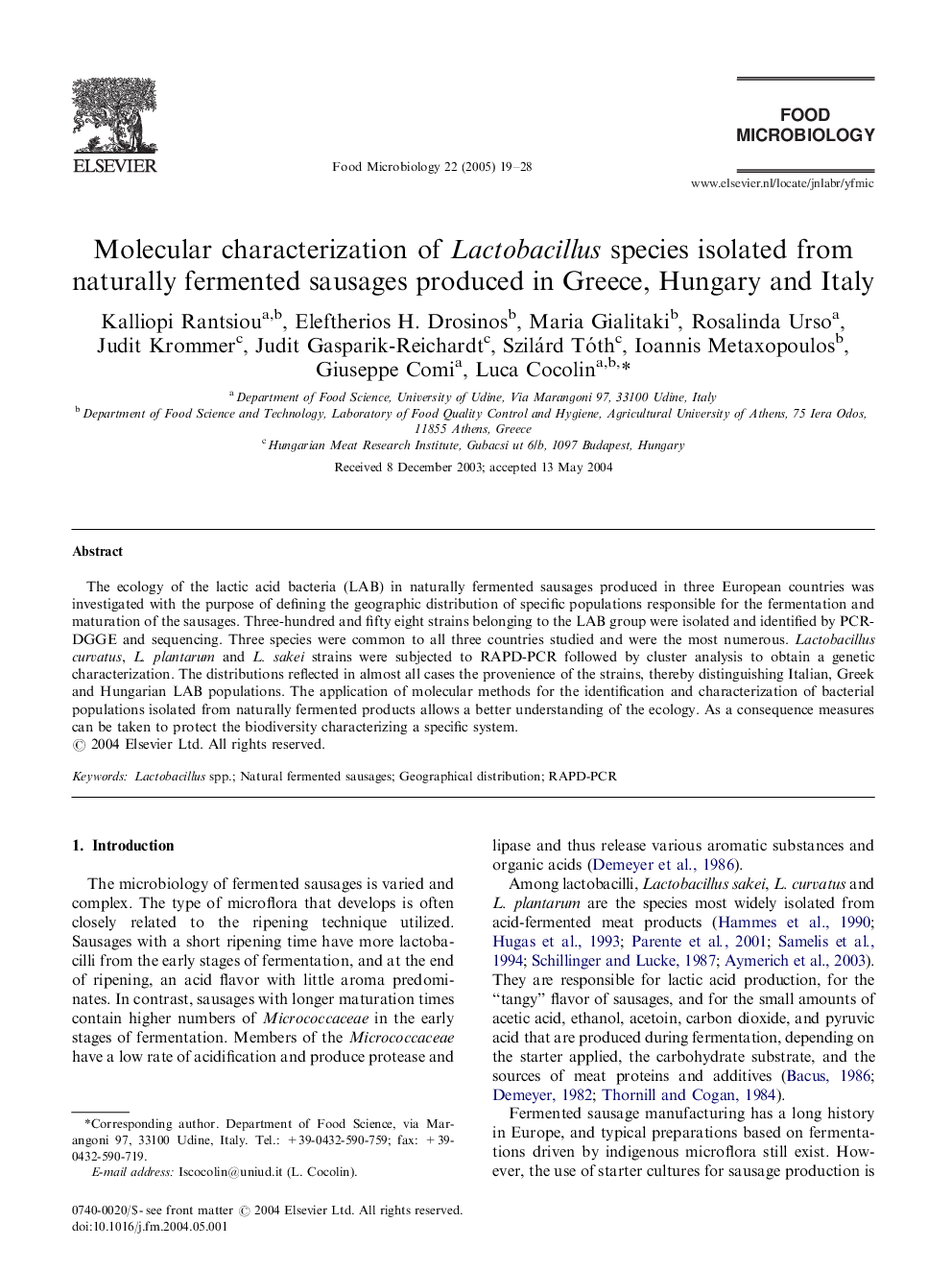 Molecular characterization of Lactobacillus species isolated from naturally fermented sausages produced in Greece, Hungary and Italy