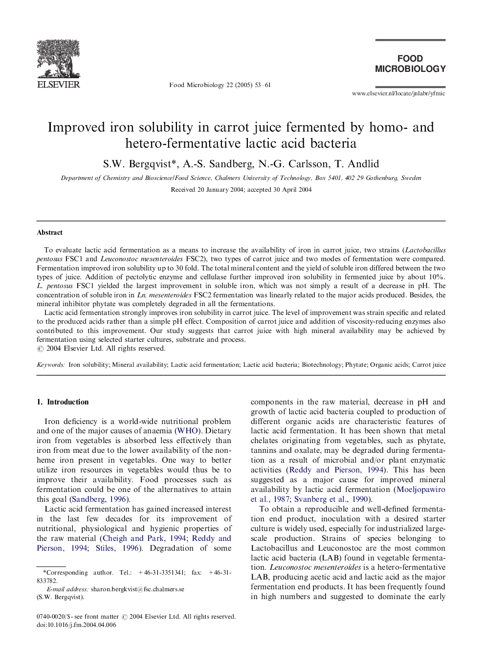 Improved iron solubility in carrot juice fermented by homo- and hetero-fermentative lactic acid bacteria