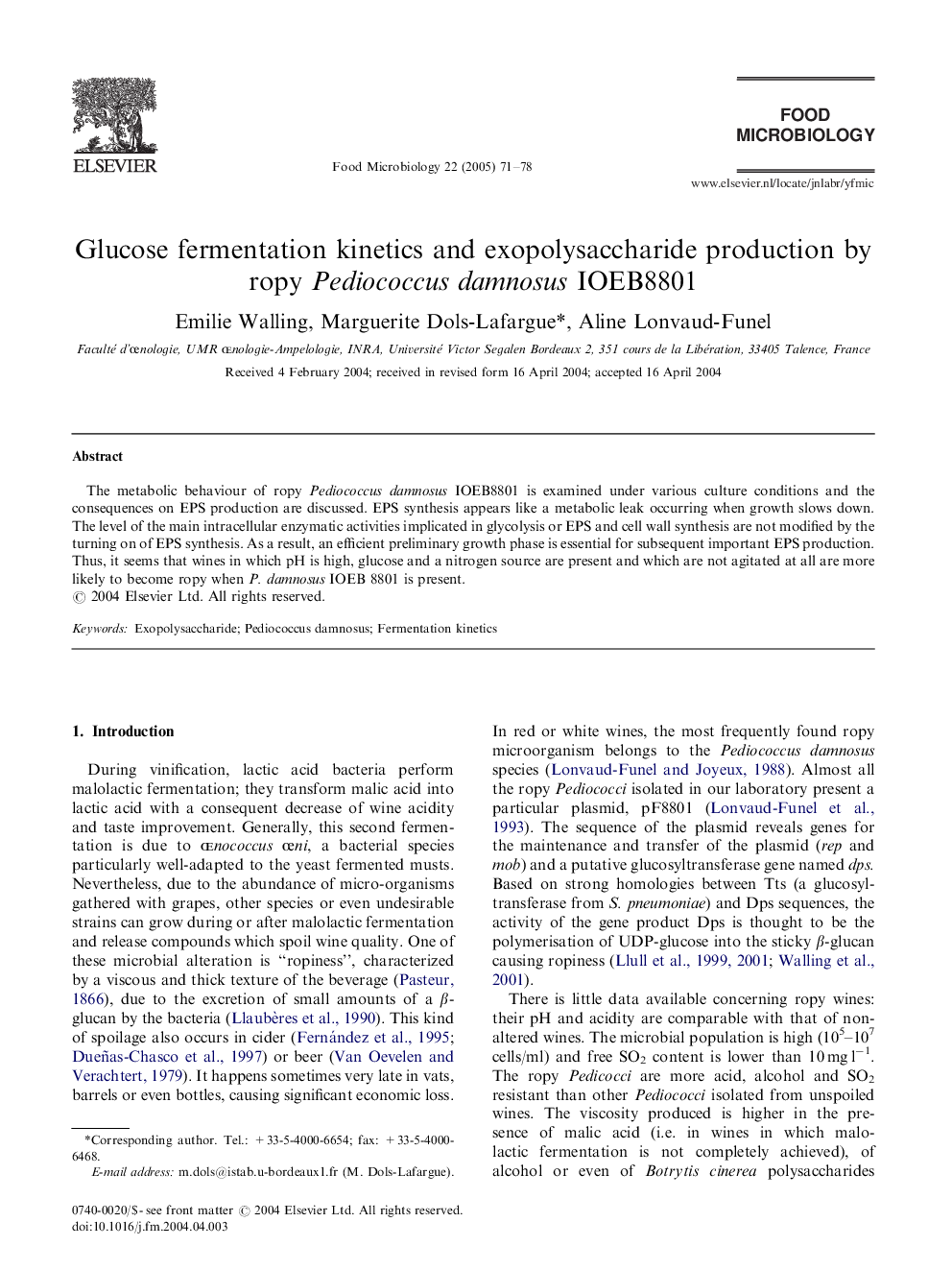 Glucose fermentation kinetics and exopolysaccharide production by ropy Pediococcus damnosus IOEB8801