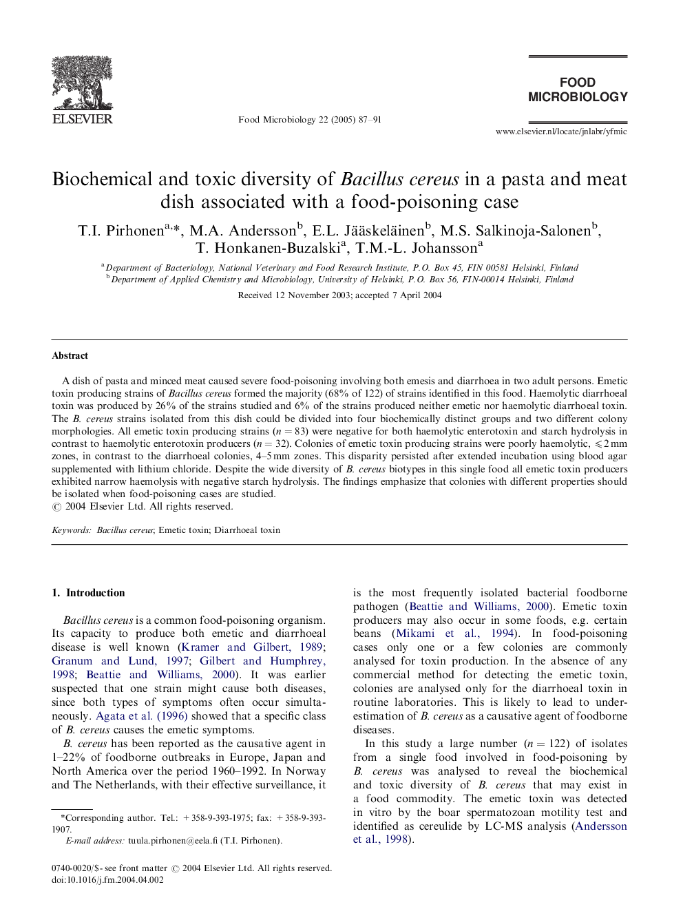 Biochemical and toxic diversity of Bacillus cereus in a pasta and meat dish associated with a food-poisoning case