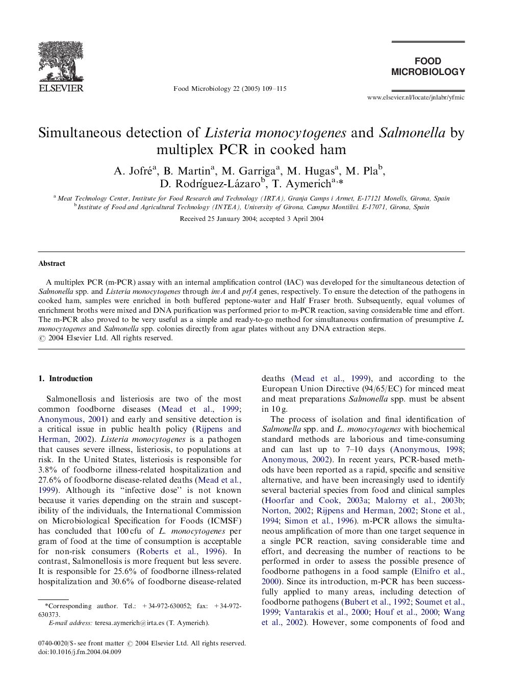 Simultaneous detection of Listeria monocytogenes and Salmonella by multiplex PCR in cooked ham