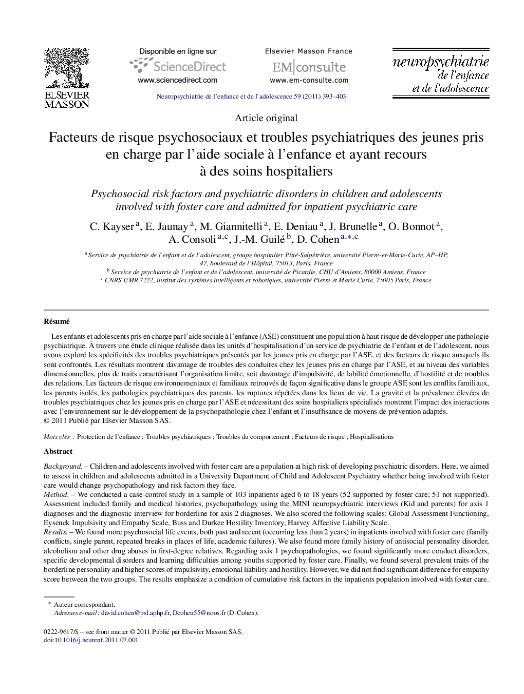 Facteurs de risque psychosociaux et troubles psychiatriques des jeunes pris en charge par l’aide sociale à l’enfance et ayant recours à des soins hospitaliers