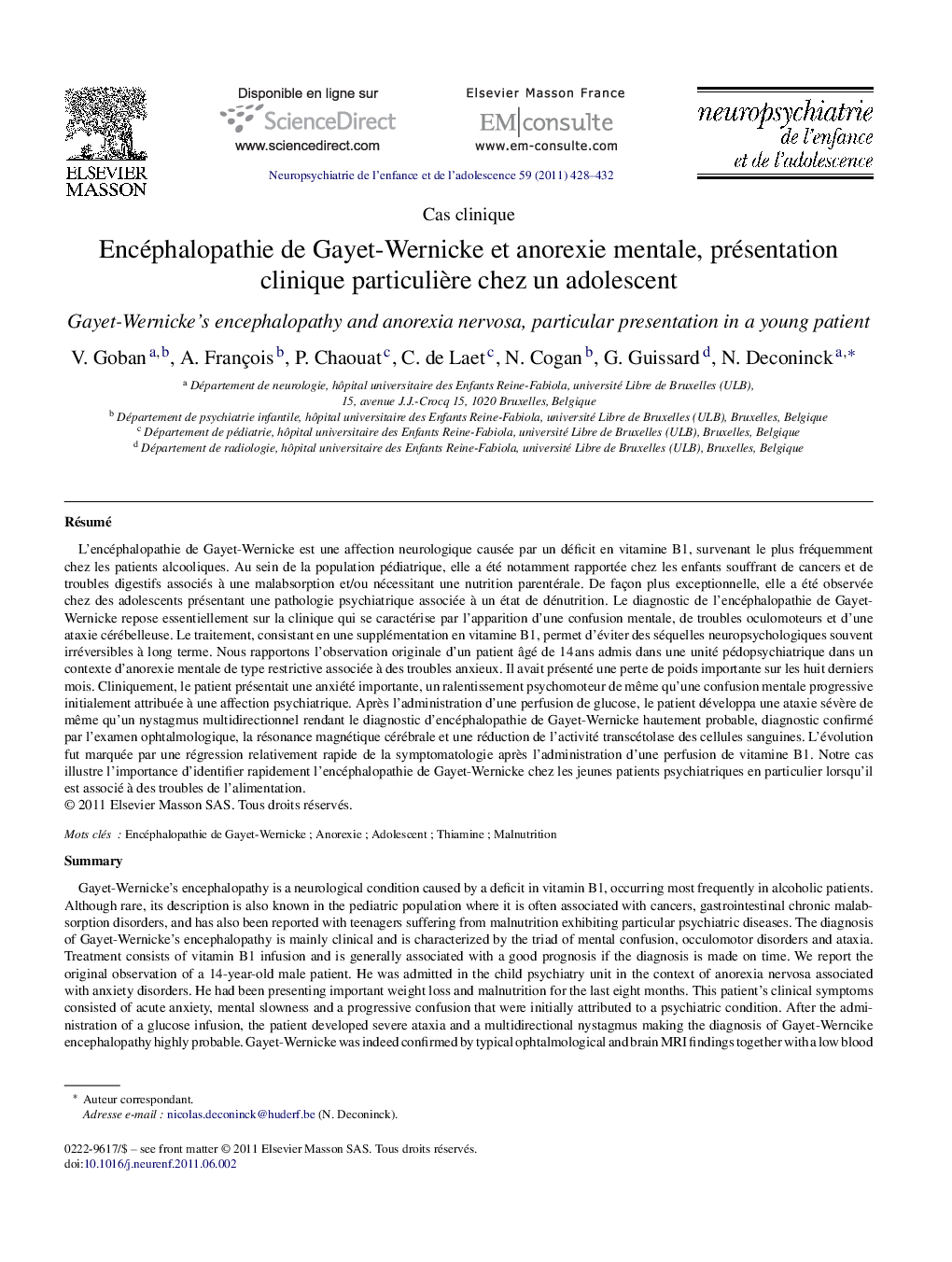 Encéphalopathie de Gayet-Wernicke et anorexie mentale, présentation clinique particulière chez un adolescent