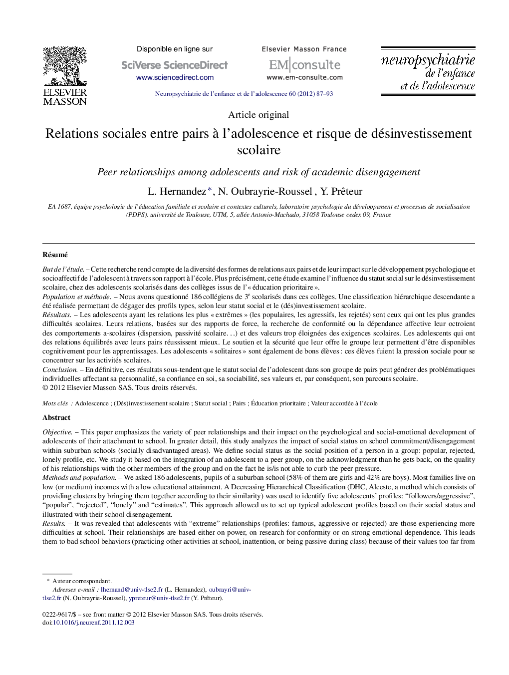 Relations sociales entre pairs à l’adolescence et risque de désinvestissement scolaire