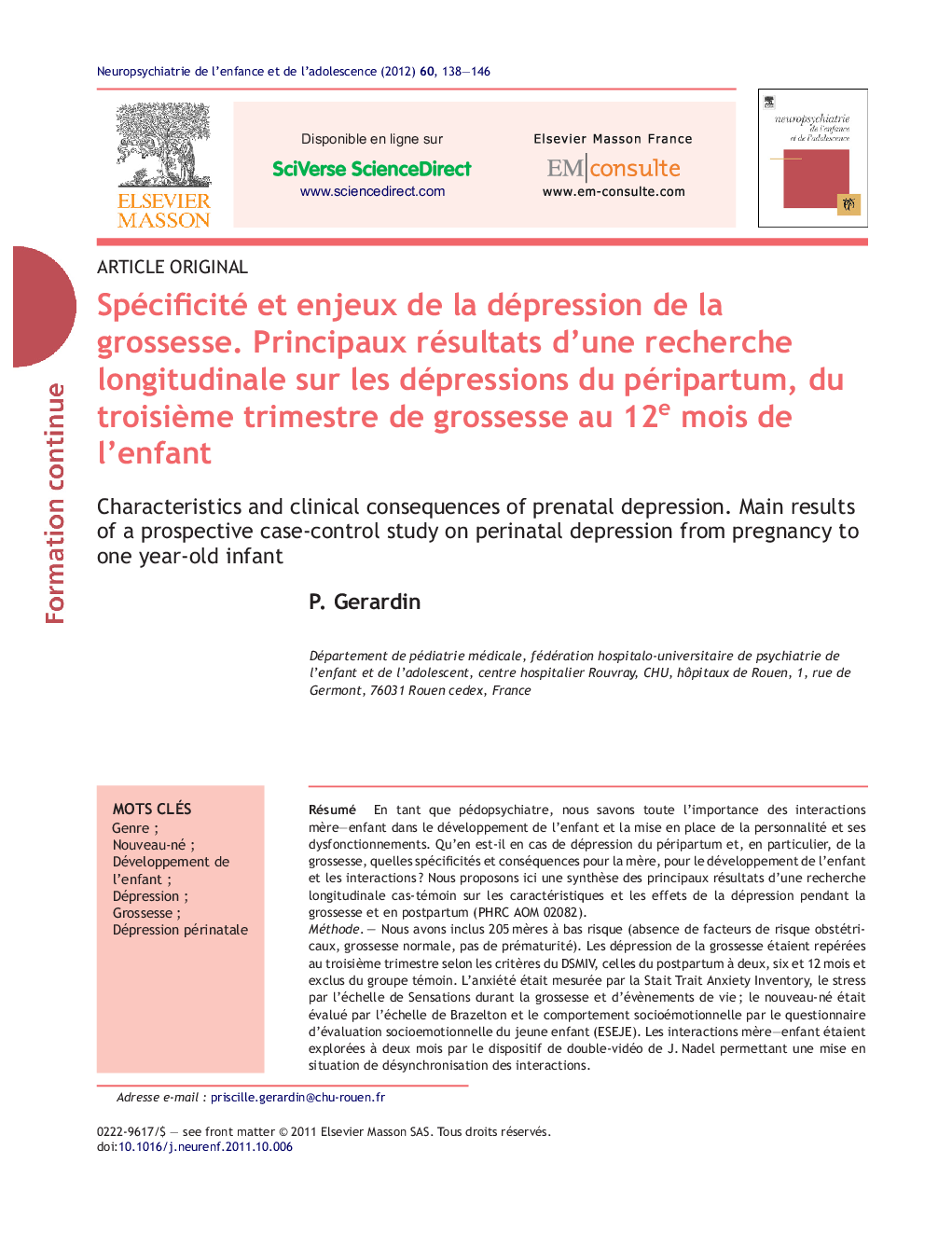 Spécificité et enjeux de la dépression de la grossesse. Principaux résultats d’une recherche longitudinale sur les dépressions du péripartum, du troisième trimestre de grossesse au 12e mois de l’enfant