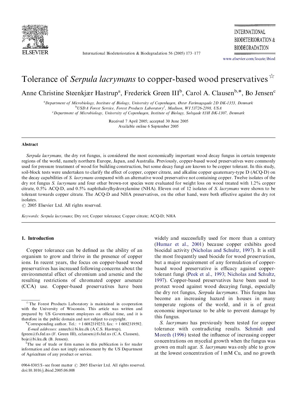 Tolerance of Serpula lacrymans to copper-based wood preservatives