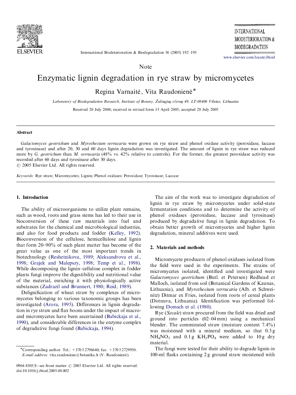 Enzymatic lignin degradation in rye straw by micromycetes