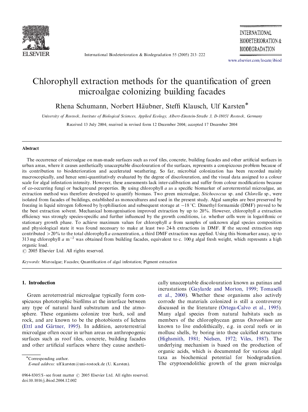 Chlorophyll extraction methods for the quantification of green microalgae colonizing building facades