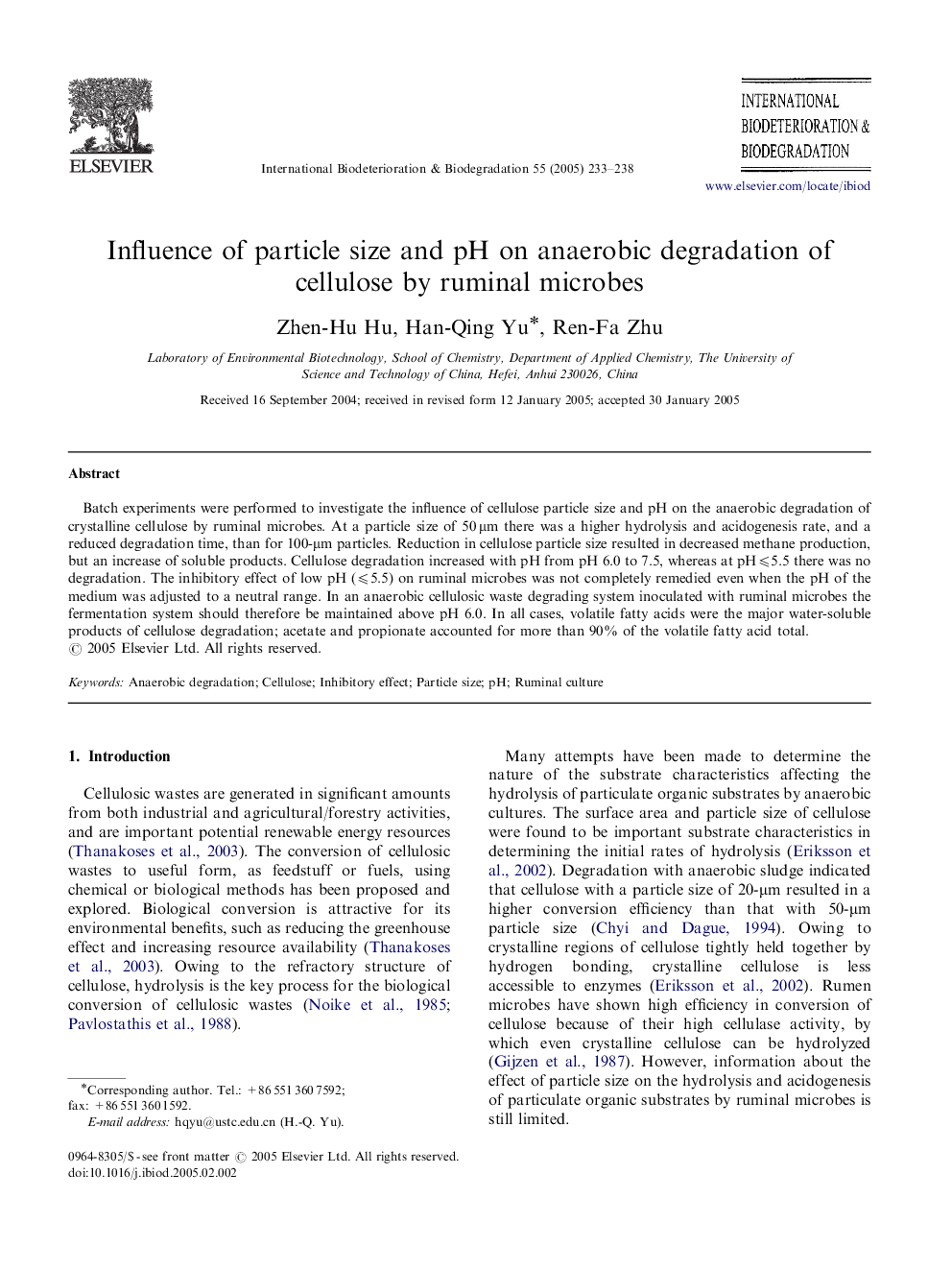 Influence of particle size and pH on anaerobic degradation of cellulose by ruminal microbes