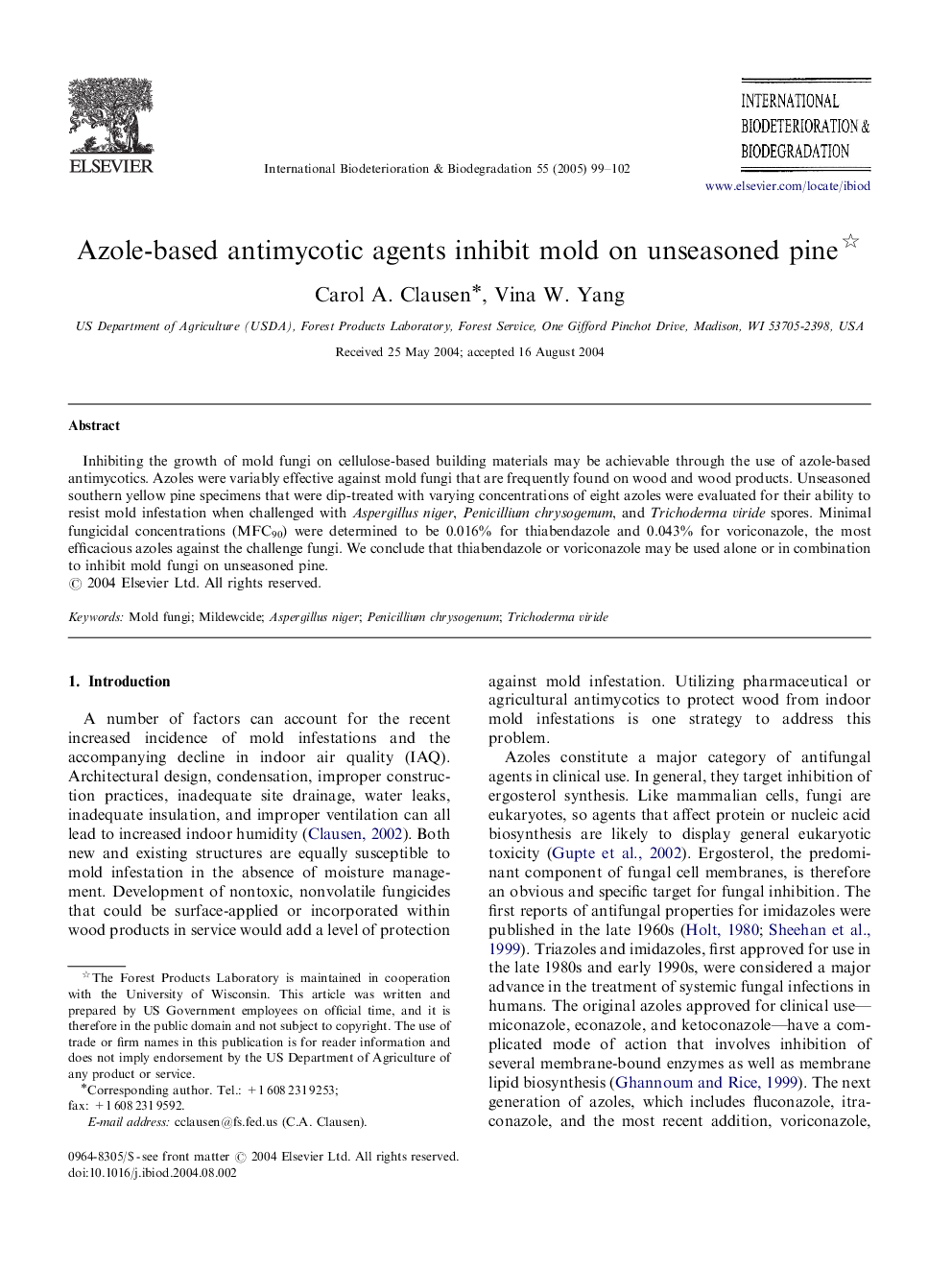 Azole-based antimycotic agents inhibit mold on unseasoned pine