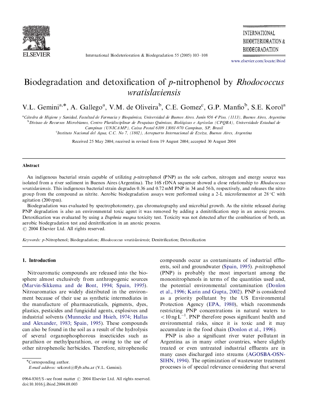 Biodegradation and detoxification of p-nitrophenol by Rhodococcus wratislaviensis