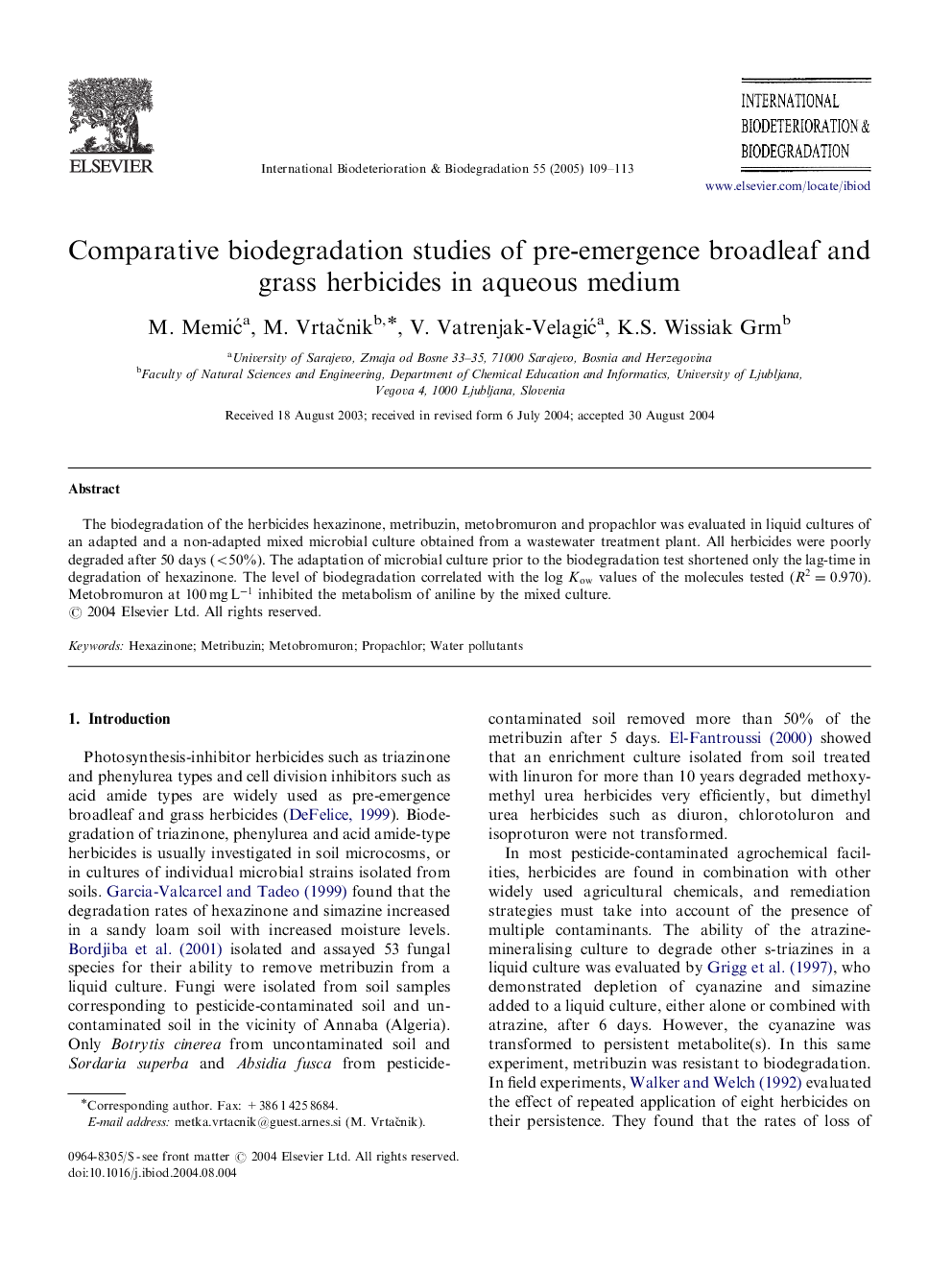 Comparative biodegradation studies of pre-emergence broadleaf and grass herbicides in aqueous medium