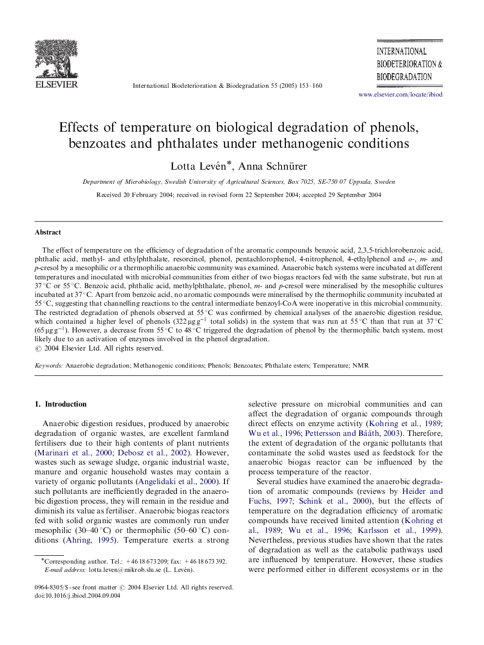 Effects of temperature on biological degradation of phenols, benzoates and phthalates under methanogenic conditions