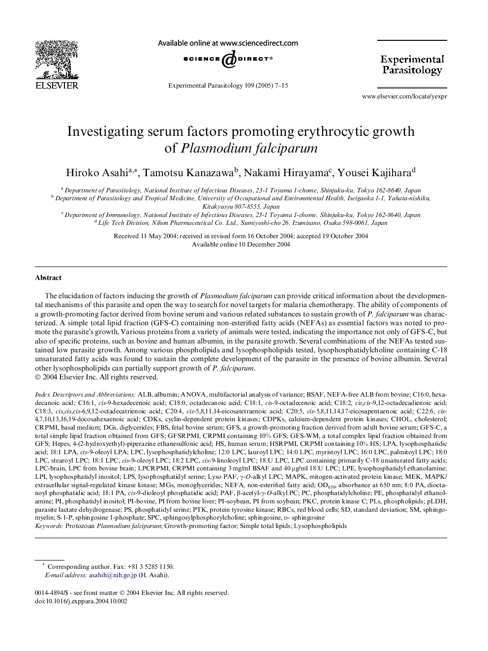 Investigating serum factors promoting erythrocytic growth of Plasmodium falciparum