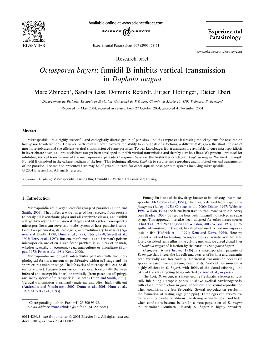 Octosporea bayeri: fumidil B inhibits vertical transmission in Daphnia magna