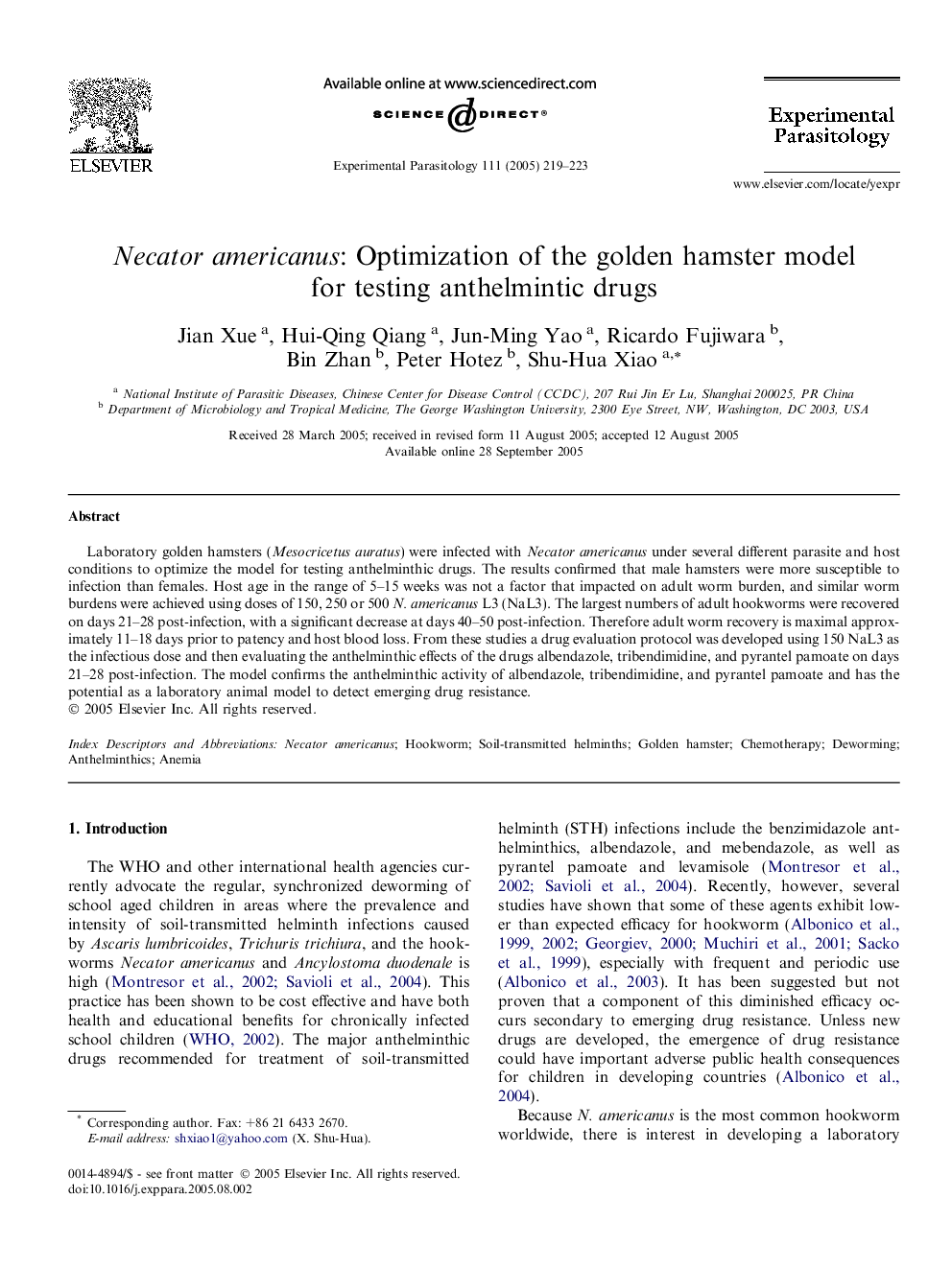 Necator americanus: Optimization of the golden hamster model for testing anthelmintic drugs