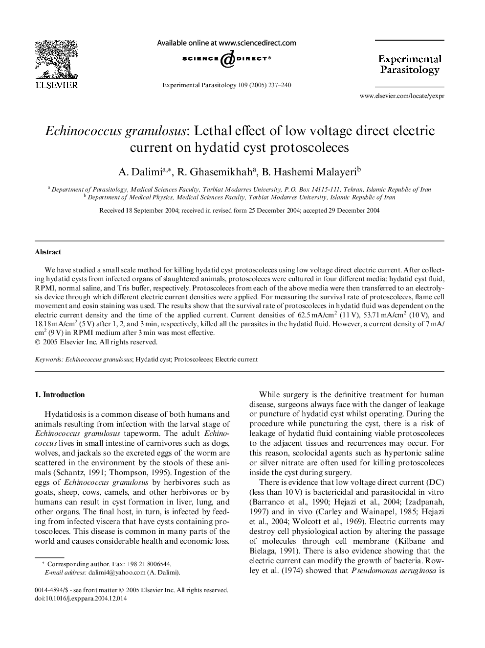 Echinococcus granulosus: Lethal effect of low voltage direct electric current on hydatid cyst protoscoleces