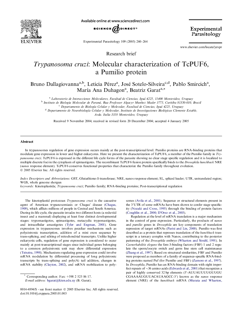 Trypanosoma cruzi: Molecular characterization of TcPUF6, a Pumilio protein