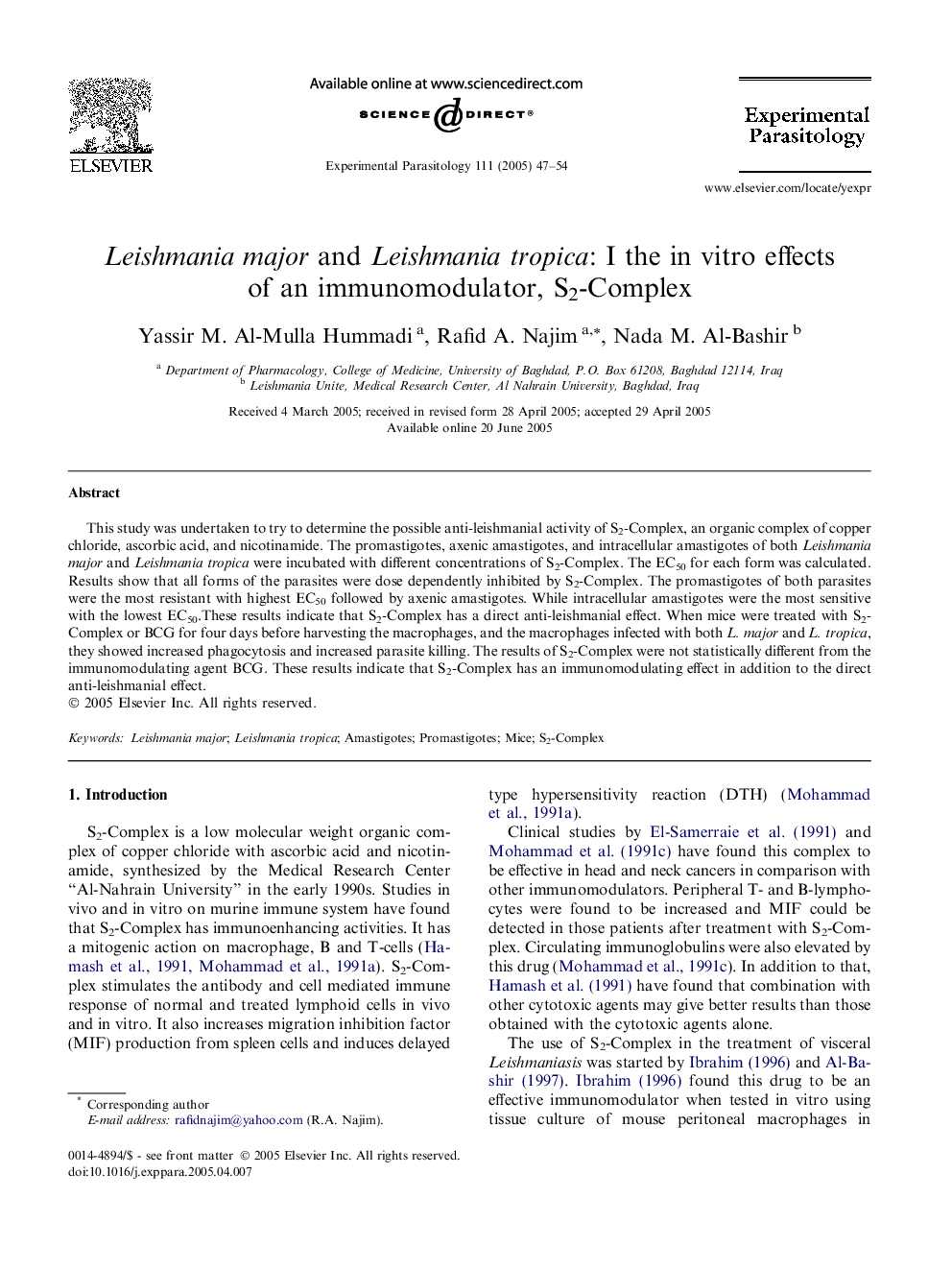 Leishmania major and Leishmania tropica: I the in vitro effects of an immunomodulator, S2-Complex