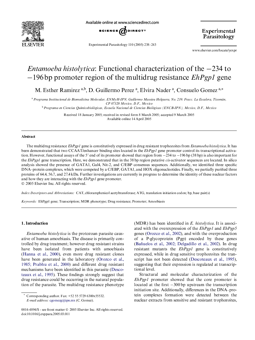 Entamoeba histolytica: Functional characterization of the â234 to â196Â bp promoter region of the multidrug resistance EhPgp1 gene