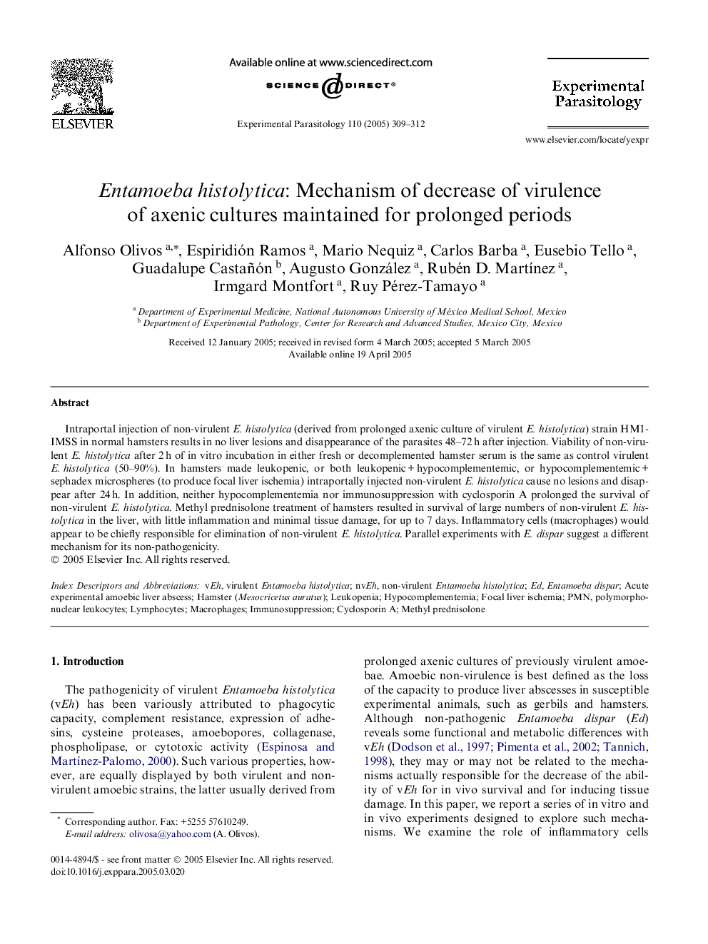 Entamoeba histolytica: Mechanism of decrease of virulence of axenic cultures maintained for prolonged periods