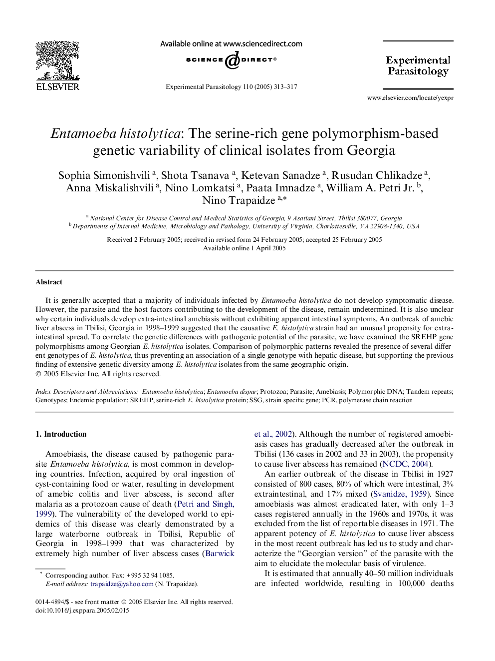 Entamoeba histolytica: The serine-rich gene polymorphism-based genetic variability of clinical isolates from Georgia