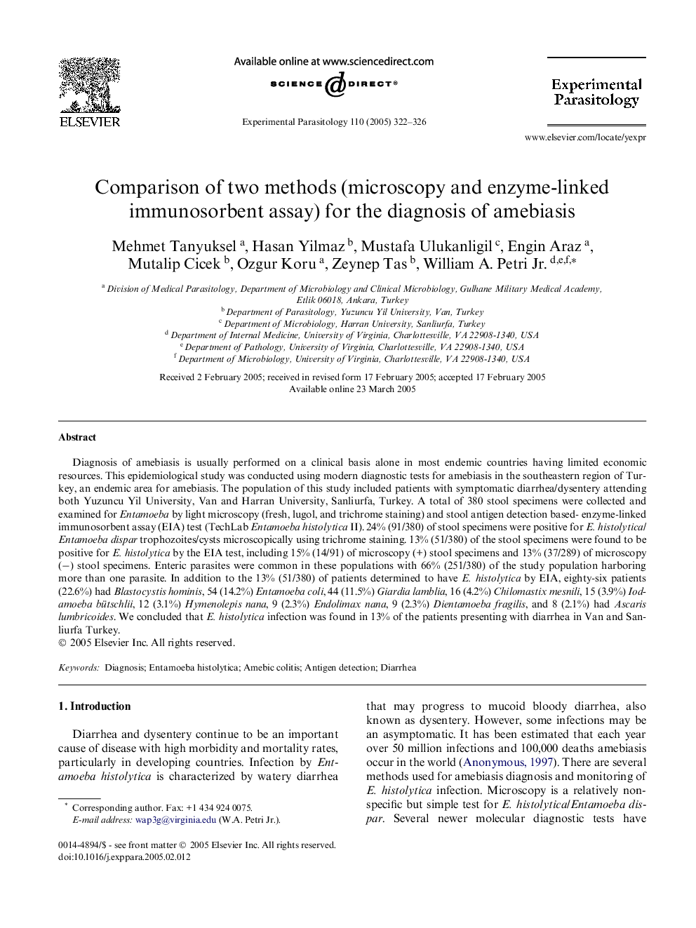 Comparison of two methods (microscopy and enzyme-linked immunosorbent assay) for the diagnosis of amebiasis