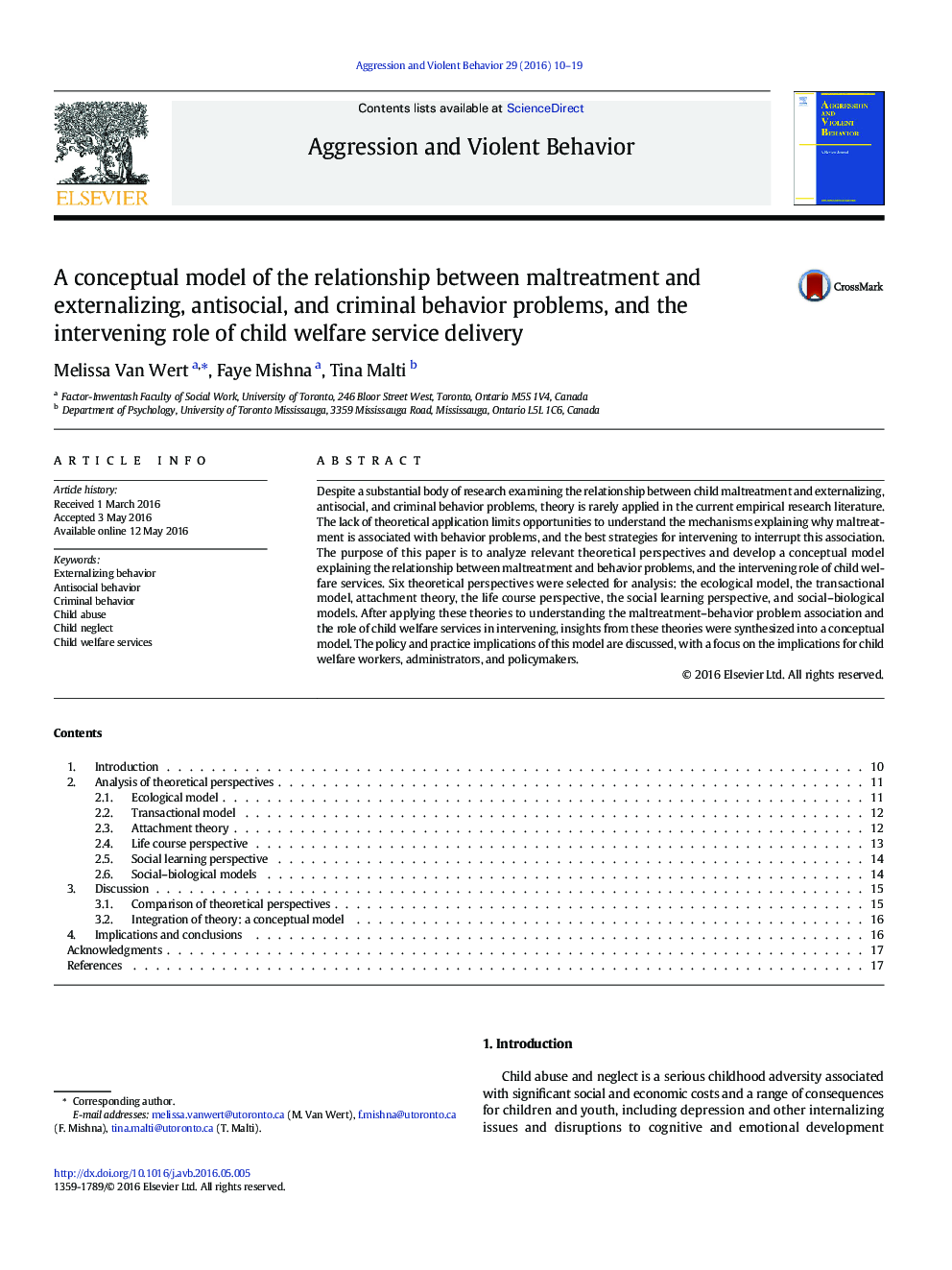 A conceptual model of the relationship between maltreatment and externalizing, antisocial, and criminal behavior problems, and the intervening role of child welfare service delivery