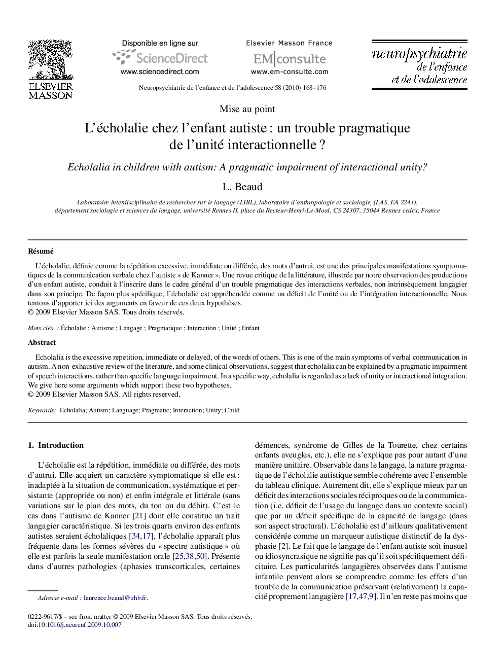 L’écholalie chez l’enfant autiste : un trouble pragmatique de l’unité interactionnelle ?